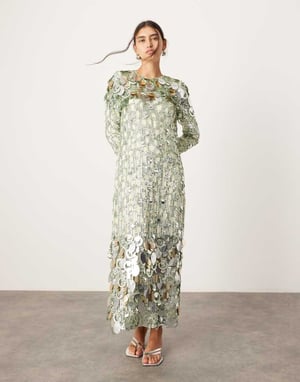 ASOS EDITION staplad multifärgad paljett långärmad kolumn midaxi-klänning i grön