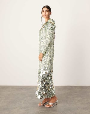 ASOS EDITION staplad multifärgad paljett långärmad kolumn midaxi-klänning i grön