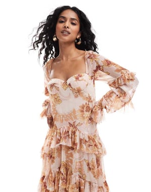 ASOS DESIGN volang off shoulder korse med detaljer i sång och lager på lager maxi klänning med hi-low nederdel i brun blommig tryck