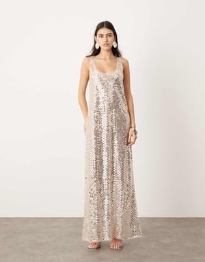 ASOS EDITION genomskinlig skiva paljett maxiklänning med råkant i silver
