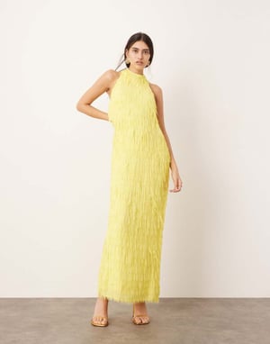 ASOS EDITION utskälld fransad halterneck maxiklänning i gul