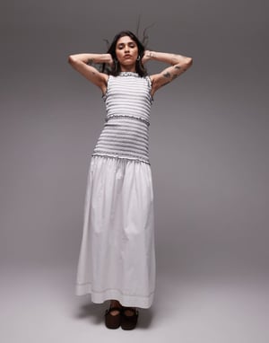Topshop sleeveless contrast stitch shirred dress in white