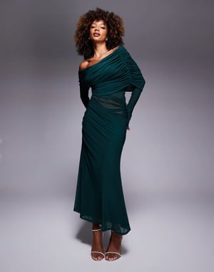 ASOS DESIGN långärmad slouchy bardot mesh mix maxiklänning i flaska-grön