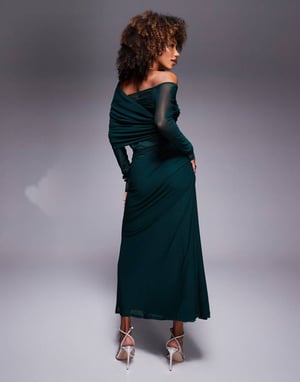 ASOS DESIGN långärmad slouchy bardot mesh mix maxiklänning i flaska-grön