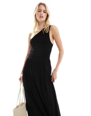 ASOS DESIGN Hög shirrad krinklad enaxlad maxiklänning i svart