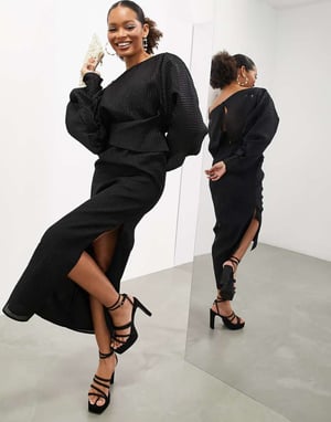ASOS EDITION volym plisserad långärmad maxiklänning i svart