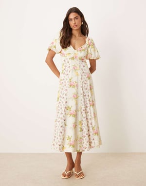 Nobody's Child Peony milkmaid midi dress in cream spliced floral