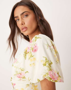 Nobody's Child Peony milkmaid midi dress in cream spliced floral
