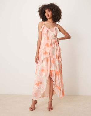 ASOS DESIGN frill layered asym pleat dress in watercolour floral print
