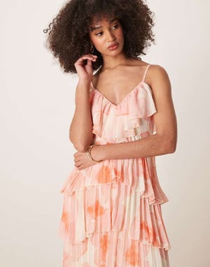 ASOS DESIGN frill layered asym pleat dress in watercolour floral print