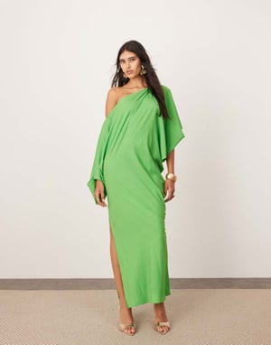 ASOS EDITION satin slouchy off shoulder midiklänning i grön