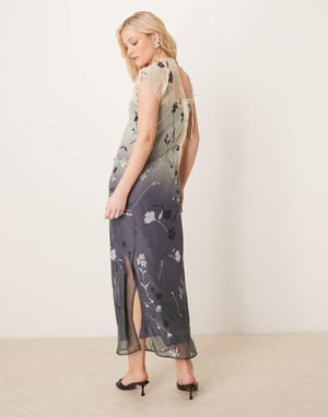 ASOS DESIGN asymmetric tie neck raw edge sheer midi dress in ombre floral print