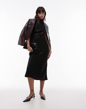 & Other Stories snedskuren satinklänning midi med draperingsdetalj och förlängd axel i svart