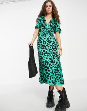 Topshop angel sleeve jacquard animal ruffle midi dress in green