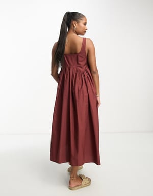 ASOS DESIGN Petite fyrkantig halsringning midi smock sundress i rostbrun