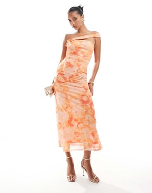 ASOS DESIGN mesh asymmetric strap detail bandeau midi dress in orange floral print
