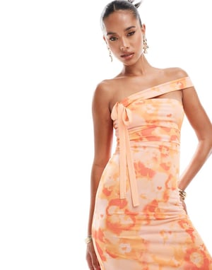 ASOS DESIGN mesh asymmetric strap detail bandeau midi dress in orange floral print