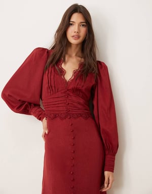 Miss Selfridge satäng jacquard knapplist spetskant midi klänning i bärnberry