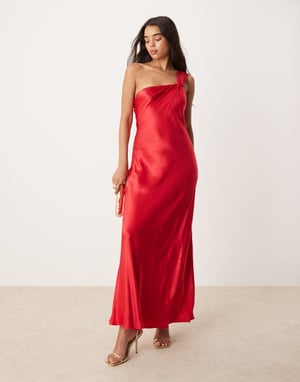 Forever New off shoulder satin midaxi dress in red