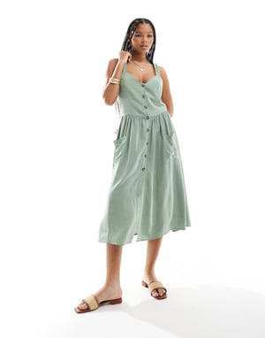 ASOS DESIGN linne naturlig knäppning midi klänning med fickor i khaki
