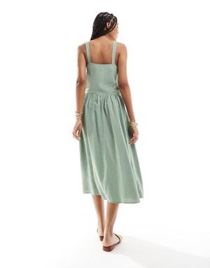 ASOS DESIGN linne naturlig knäppning midi klänning med fickor i khaki