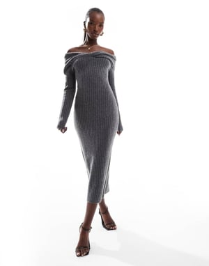 In The Style knitted bardot twist midi jumper dress in charcoal