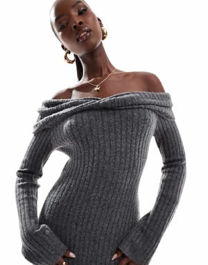 In The Style knitted bardot twist midi jumper dress in charcoal