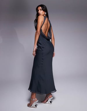 ASOS DESIGN asymmetric neckline midaxi dress with draped back detail in slate