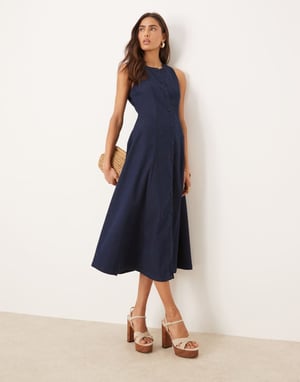 Nobody's Child Shari sleeveless a-line button denim midi dress in indigo