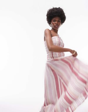 Topshop rynkad bandeau midiklänning i rosa randig