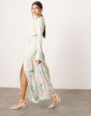 ASOS EDITION satin långärmad midikjol med urklipp i flerfärgad swirl-mönster