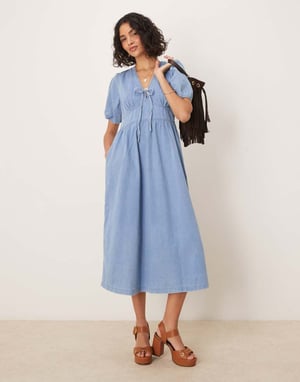 Nobody's Child Astra denim twill midi dress in light blue