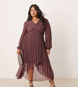 ASOS DESIGN Curve metallic dobby pleat wrap skirt midi dress in aubergine