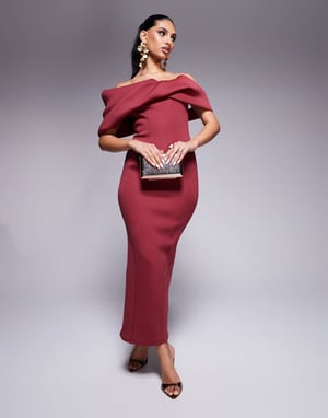 ASOS DESIGN sculptural bardot midi dress with seam detailing in burgundy scuba-style fabric