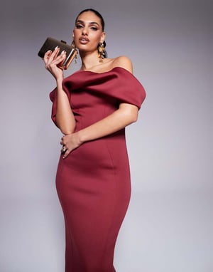 ASOS DESIGN sculptural bardot midi dress with seam detailing in burgundy scuba-style fabric