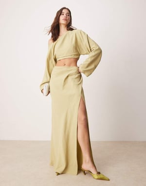 ASOS DESIGN fallen shoulder cut out midaxi dress in light olive