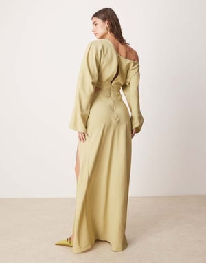 ASOS DESIGN fallen shoulder cut out midaxi dress in light olive