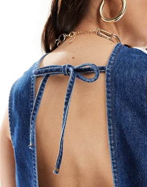 ASOS DESIGN denim drop waist dress in mid blue