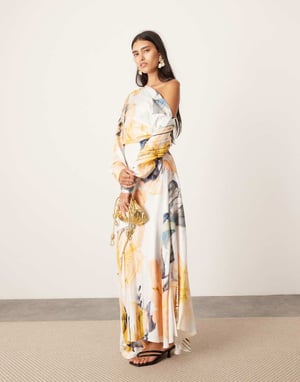 ASOS EDITION midi-klänning med fallande axlar i suddig blombaserttryck