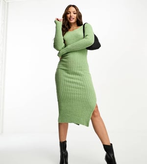 ASOS DESIGN Lång fyrkantig halsringning stickad midiklänning i texturerad garn i khaki