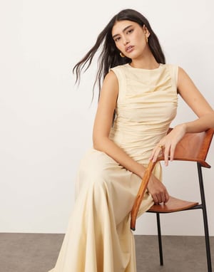 ARRANGE poplin ruched detail drop waist midi dress in buttermilk