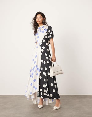 ASOS EDITION kjolklänning med päronhals och asymmetrisk fåll i färgblock med prickar