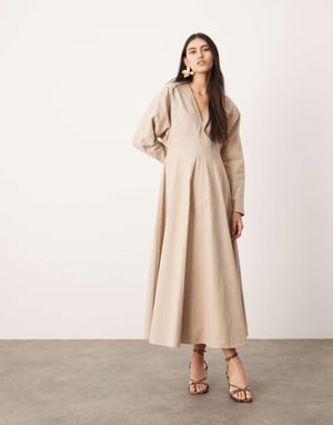 ASOS EDITION V-ringad långärmad midaxi-klänning i stenfärg