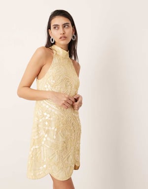 ASOS EDITION dekorerad mosaik halterneck miniklänning i citron