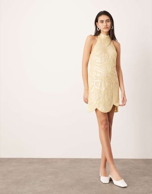 ASOS EDITION dekorerad mosaik halterneck miniklänning i citron