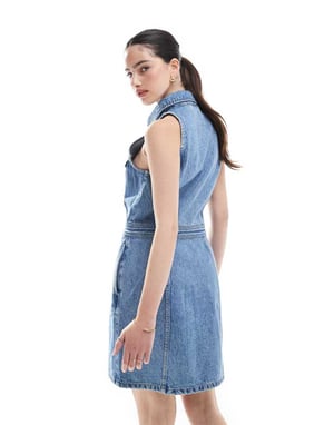 Dr Denim Kinsley button front sleeveless collar mini dress in mid wash blue