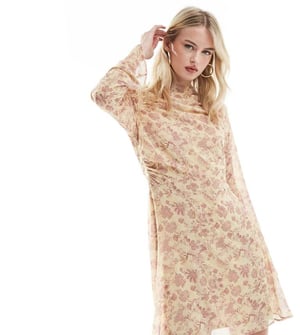 ASOS DESIGN Tall high neck mini tea dress in oxblood floral print