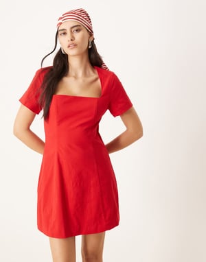 Abercrombie & Fitch short sleeve skimming square neck short mini dress in red