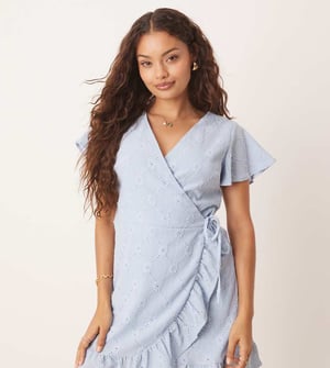 Vila Petite jersey broderie wrap mini dress in kentucky blue