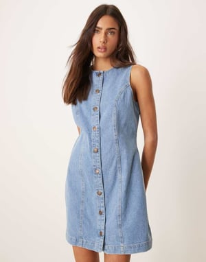 Nobody's Child Ned denim pinny mini dress in mid vintage wash